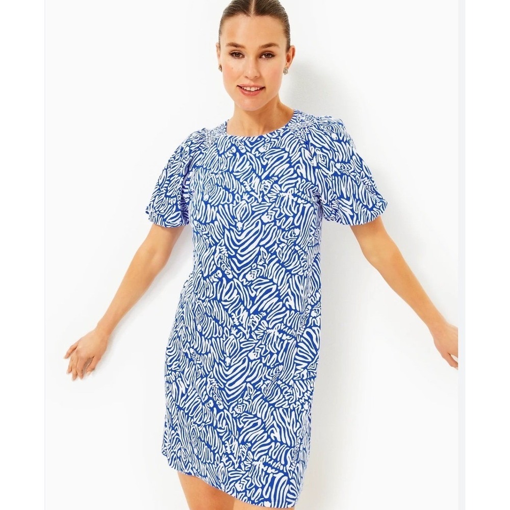 Lilly Pulitzer Rosen T-Shirt Dress Martinique Blue Cotton Puff Sleeve Mini M New